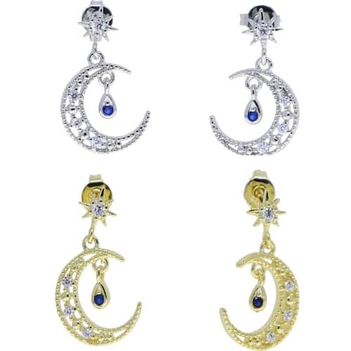Gold Color Pave White Blue CZ Starburst Tear drop Moon Charm Fashion Sweet Multi Piercing Dangle Drop Earring