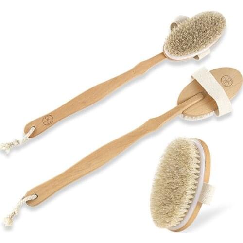 Natural Bristles Back Scrubber Shower Brush With Detachable Long Wooden Handle Dry Skin Exfoliating Body Massage Cleaning Tool