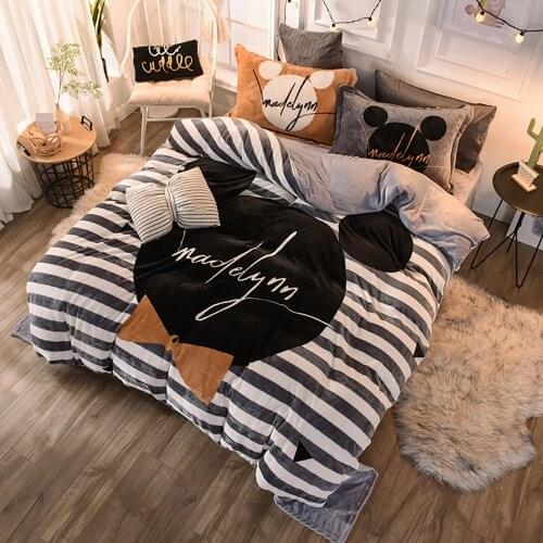 Warm Flannel Bedding Set AB Double Side Cartoons 1Duvet Cover 2 Pillowcases,1Flat Sheet as Throw Blanket for sofa Sleeping