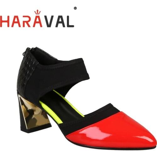 HARAVAL Women Pumps Shoes Fashion Pointed Toe Thick Heels Genuine Leather Basic Red Casual Female Casual DRESS High Heels A125
