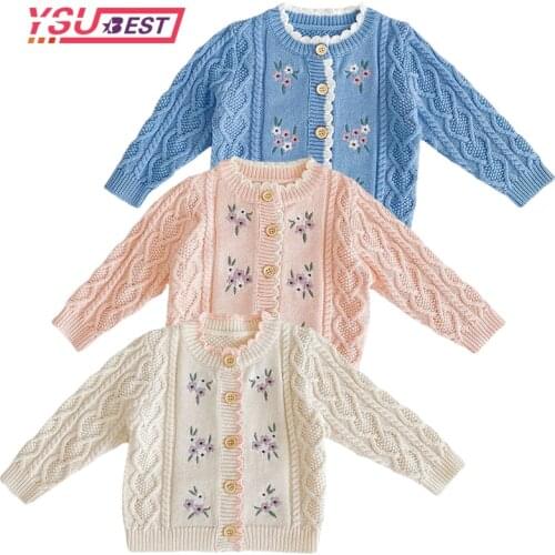 2021 Sweet Kids Girls Floral Embroidered Crochet Sweater Cardigans Jackets Candy Pink Beige Blue Color Spring Autumn Outwears