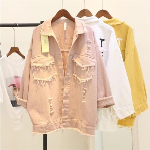 Harajuku Letter Print Denim Jacket Women Spring Autumn Pink Jeans Jacket Female Frayed Holes Oversized Loose Coat Women Outwear