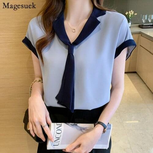 Elegant Summer V-neck Blouse Women Fluttering Loose Chiffon Shirt Short Sleeve Office Ladies Korean Casual College Top 15072
