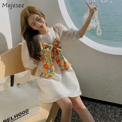 Women Dress Sets Colorful Bowknot Japanese Strap Summer All Match Empire O-neck Print Holiday Feminino Casual Leisure Stylish