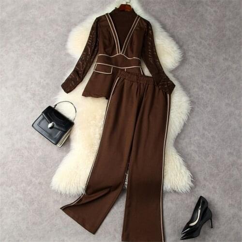 Autumn Winter 2021 Women Trousers Suits Fashion Long Sleeve Mesh Patchwork Blouse Top and Pants Two Piece Sets Femme Ropa Mujer