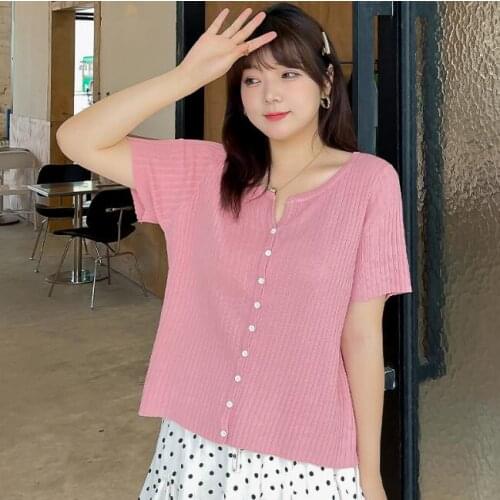 Large size knitted womens V-neck thin cardigan 2021 summer new fat mm loose outer short-sleeved top