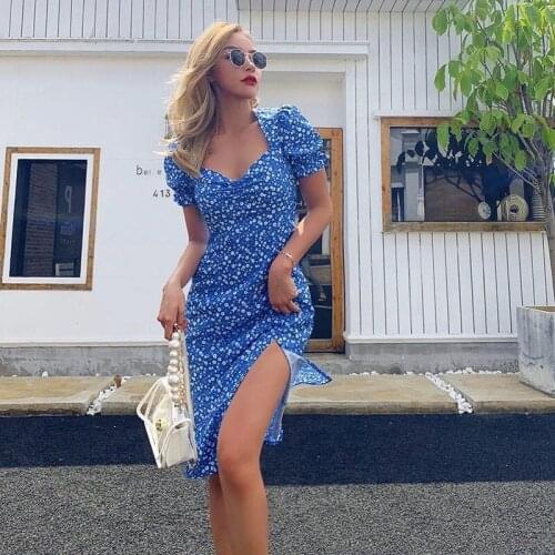 Bohemian Floral Print Dress Sexy V-neck Split Summer Women Dresses Puff Sleeve Holiday Blue Summer Beach Midi Dress Female