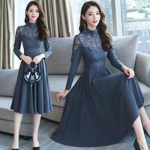 Vestidos Autumn New Temperament Waist High Collar Bottoming Womens Lace High Waist Long Sleeve Dresses Spring Hollow Dress Z669