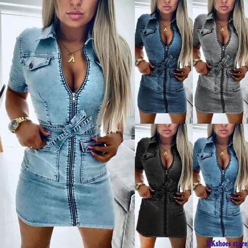Women Fashion Short Sleeve Denim Dress Front Zipper Bandage Jeans Bodycon Pockets Dresses Ladies Lapel Slim Fit Mini Dress