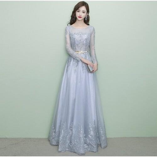 Beauty-Emily O Neck elegant evening dresses Long Crystal Prom Gowns Sequins Formal party Gowns Zipper back Tulle Stage vestidos