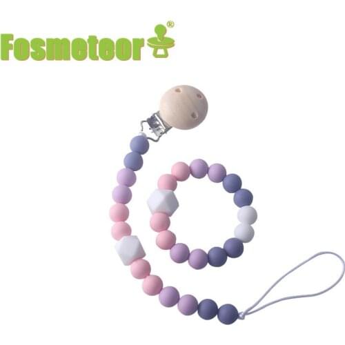 Fosmeteor 1set Baby Nipple Dummy Holder Silicone Food Grade Silicone Beads Bracelet Pacifier Chain Clip Set Infant Teether