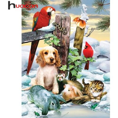 Huacan 5d Diy Diamond Painting Animals Dog Sticker Decor Diamond Embroidery Mosaic Snow Bird Diamond Art