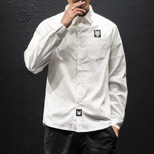 Cotton White Long Sleeve Shirt Men Cat Print Black Korean Fashions Shirts Male Streetwear Spring Autumn Casual Korean Blouse Top