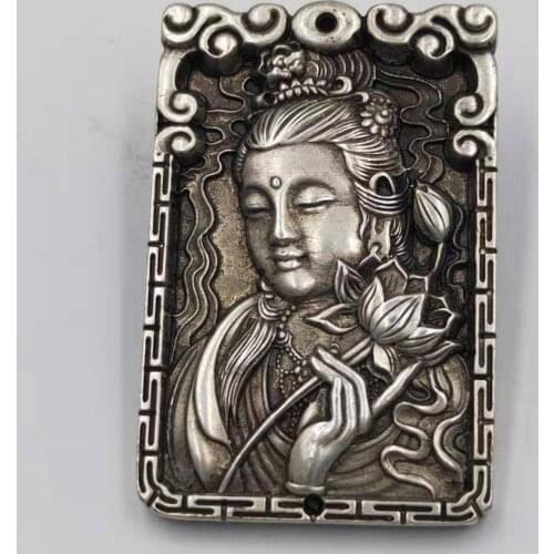 China Collectible Old miao silver carving Guanyin bodhisattva Kwan-yin Buddha metal crafts pendant necklace