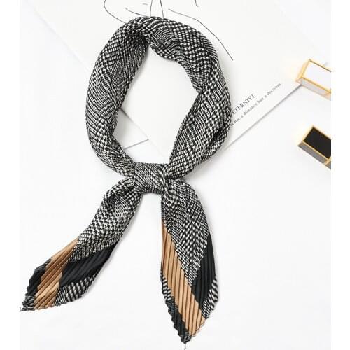 Classic Houndstooth Small Pleated Neck Scarf Women Chic Diamond Silk Bandana Crinkle Design Office Lady Headwear [3954]
