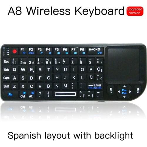 MRSVI Spanish Keyboard Mini Wireless A8 Backlit with laser pointer 2.4ghz Air Mouse with Touchpad Remote Control Android TV Box