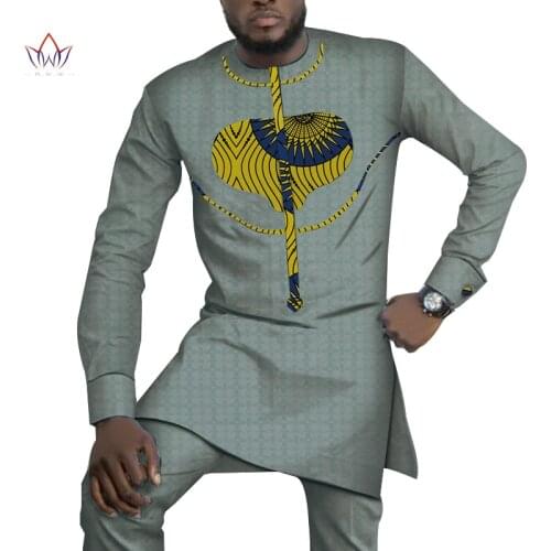 Bazin Riche Men 2 Pieces Pants Sets African Clothes Casual Men Jacquard Pattern Patchwork Top Shirt and Pants Sets WYN767