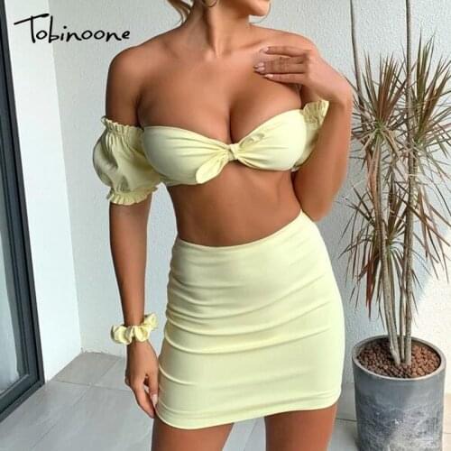 Tobinoone Off Shoulder Bow Crop Top And Skirt Sets Wpmen Solid Ruffle Backless Sexy Bodycon Two Piece Set Party Short Sleeve Set