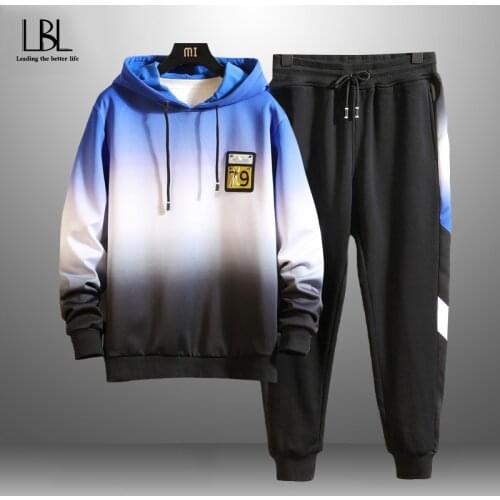 Mens Casual Pullover Sets Hoodie+Pant 2 Piece Set Autumn Winter Male Fashion Drawstring Gradient Hooded Hip Hop Suits Streetwear