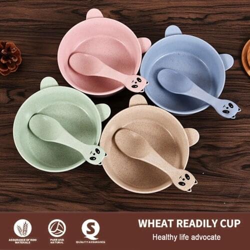 Kids Cute Panda Shaped Solid Color Wheat Straw Rice Bowl Spoon Set Baby Heat Insulation Dinnerware Sets Anti-Scalding Soup Bowl