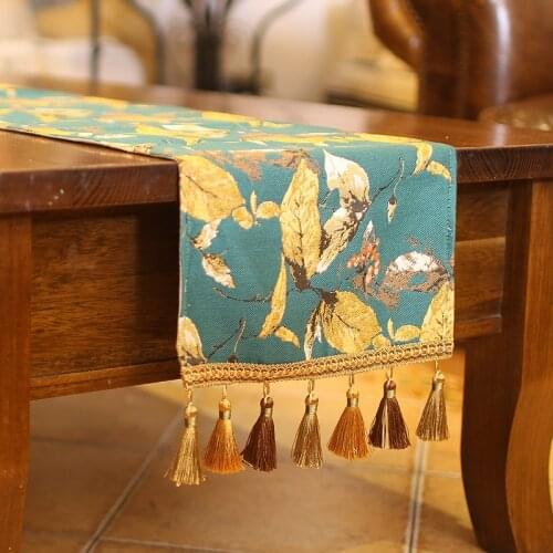 DUNXDECO Table Runner Party Long Table Cover Fabric Country Style Green Yellow Leaf Jacquard Home Decorating Fabric Tablecloth