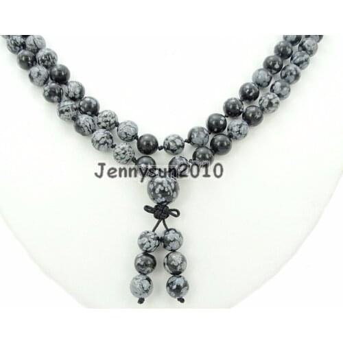 Natural Snowflake 8mm Gems Stone Buddhist 108 Beads Prayer Mala Knot Necklace Multi-Purpose 5Strands/Pack