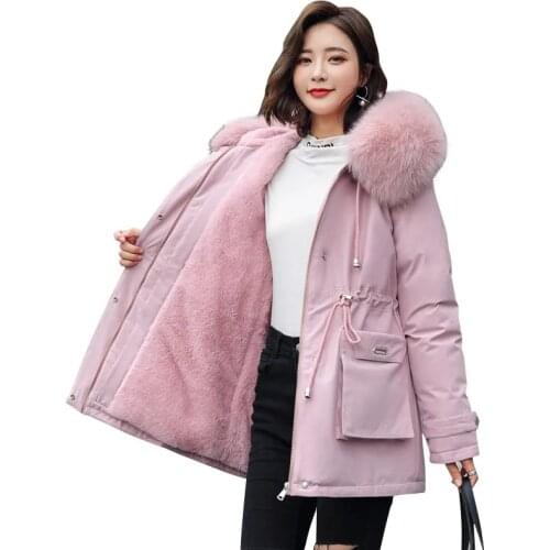 New 2021 Miss Down Cotton Clothes Female Winter Big Fur Collar Loose Plus Velvet Thicken Student Cotton Jacket Overcoat Parka