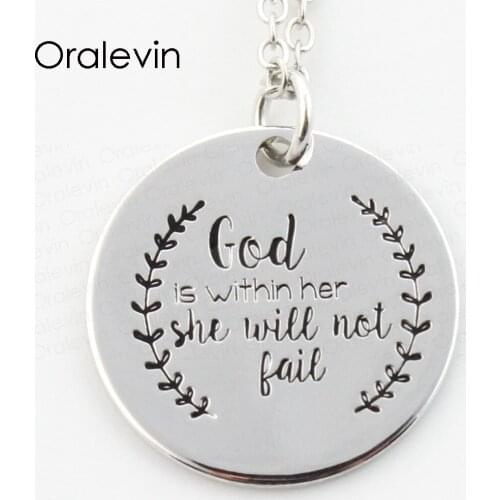 Wholesale GOD IS WITHIN HER SHE WILL NOT FAIL Engraved Pendant Charms Necklace Lover Gift Jewelry ,22MM, 10Pcs/Lot, #LN191