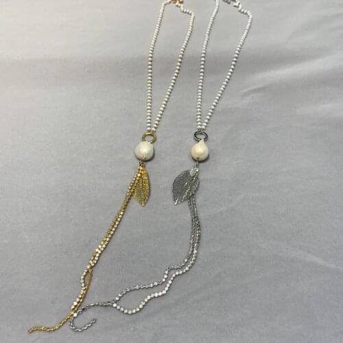 Natural fresh water pearl pendant necklace copper leaf cubic zircon tassels fashion women jewelry 43CM free shipping