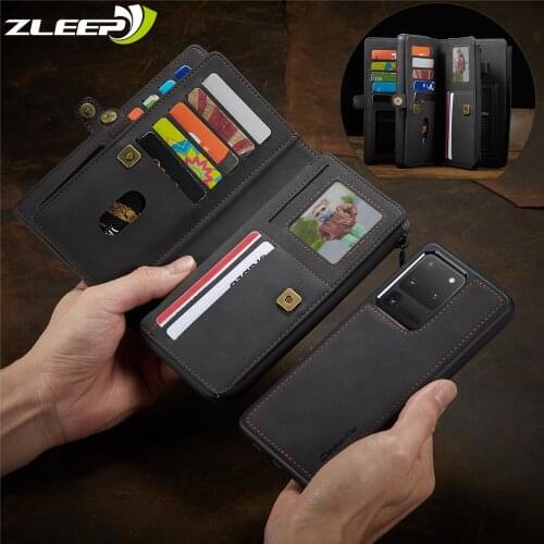Luxury Zipper Magnetic A51 A71 Wallet Case For Samsung Galaxy S21 S20 FE Note 20 10 Ultra Plus Leather Removable Purse Bag Cover