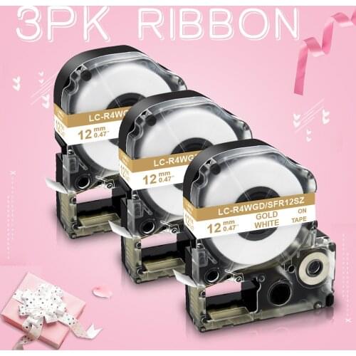 Topcolor 3PK Satin Ribbon Compatible Epson Label Printer Gold on White 12mm*5m Tape Gift Box Ribbon Belt DIY Packing Decoration