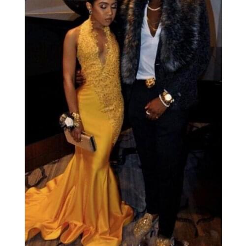 Sexy Yellow Mermaid Prom Dresses Deep V Neck halter zipper Back Sequined Formal Evening Gowns Sparkly Sequin Celebrity Party Dre