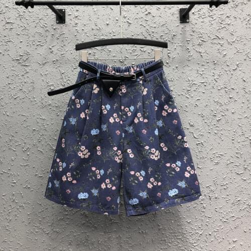 Floral Printed Wide Leg Knee-length Jean Mujer 2021 New Summer Fashion All-match High Waist Straight Shorts Women Denim Breeches