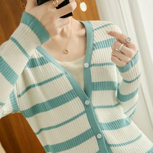 Womens Tops 2021 New V-NeckThin Soft Striped Cardigan 100% Cotton Long Sleeve Summer Casual Jacket For Female Shirt Femme