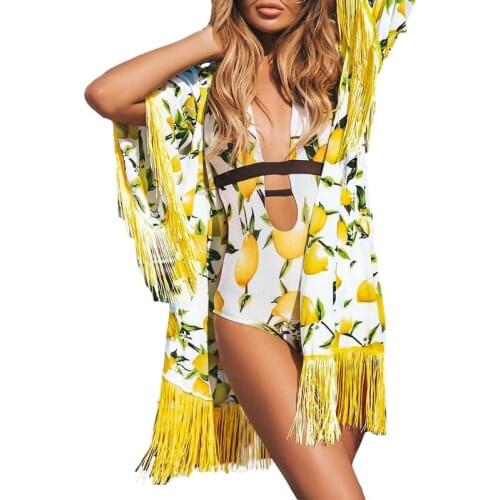 Women Bikinis Cover Up Beach Bathing Yellow Lemon Printing Half Sleeve Robe Cardigan Loose Summer Tunic Long Pareos with Tassels