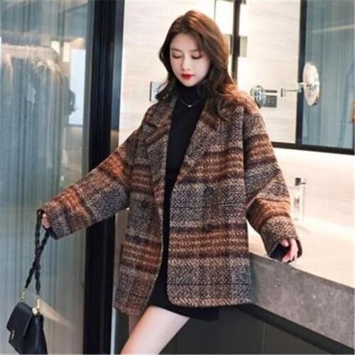 Autumn Winter Fashion New Style Mid-Length Suit Collar Long-Sleeved Loose Large Size Tweed Woolen Coat Female Trend H385