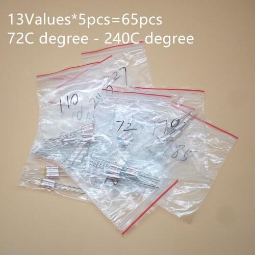 13 Values=65pcs assortment kit Thermal Fuse 10A 250V Thermal Cutoffs 72C degree - 240C degree Temperature fuse