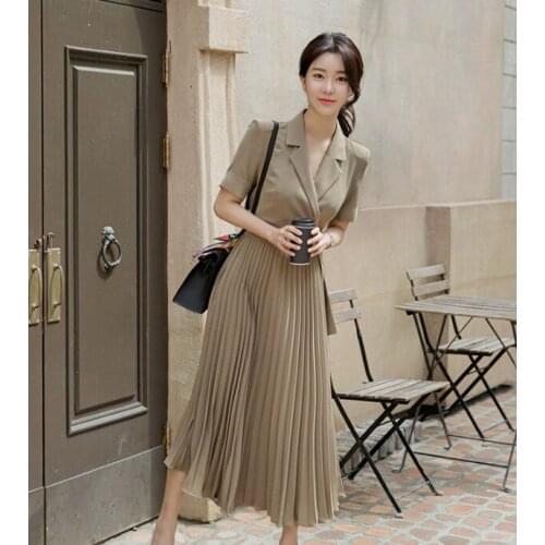 2020 New Summer Korea Office Ladies Short sleeve Notched Blazer Dress Women Elegant Slim Waist Sashes Pleated Midi Dress