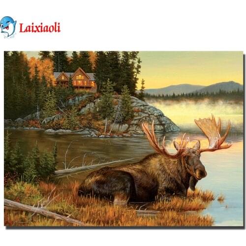 Diamond Painting Cross stitch Moose in the water Full Square round Drill Diamond Embroidery sale Mosaic forest animal home Decor