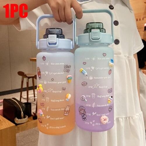 2L Large Water Bottle With Time Marker Portable Leakproof BPA Free Non-Toxic Sports Drinking Bottle With Straw Plastic Cup NEW