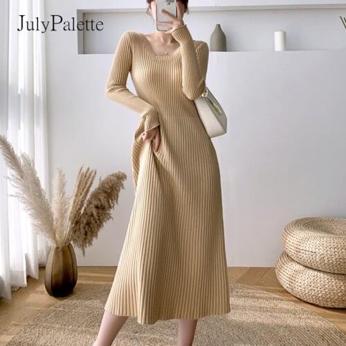 JulyPalette Elegant Ladies Square Collar Full Sleeve Dress Fall Winter Thick Knitted Dress Solid Casual Women A-line Slim Dress