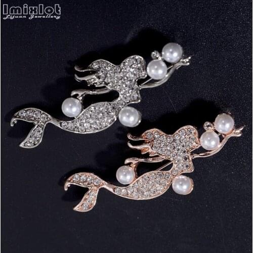 Imixlot Rhinestone Mermaid Brooches for Women Simulated Pearl Sea-maid Brooch Pins Party Costume Jewelry Fashion Accessories