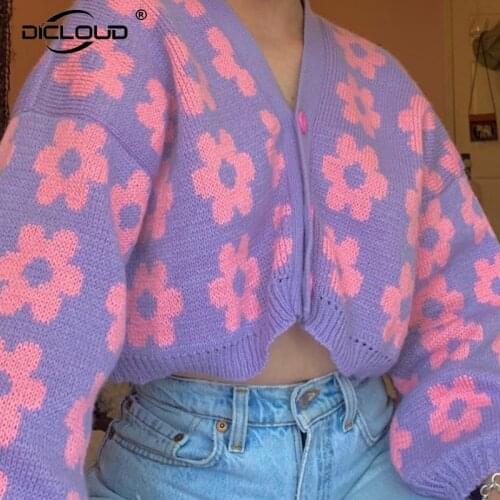 Vintage Fashion Sweet Sunflower Cardigan Coat Women Autumn Street Chic Cropped Cardigan Knit Jacket Femme Harajuku Girls Sweater