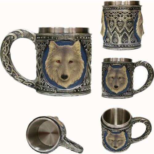 Creative Gothic Style Goblet Mug Holiday Gift Wolf Head Mug 3D Solid Resin Stainless Steel Coffee Cup Mug Animal Skeleton Mug