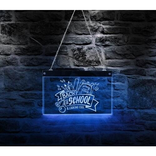 Back To School Looking Cool LED Open Sign for School Day Nursery Classroom Electronic Lighted Acrylic Board Kids Bedroom Decor