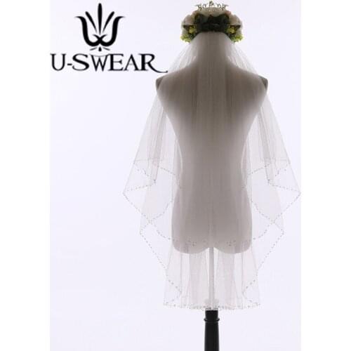 U-SWEAR Hot Sale Double Layers Mesh Bead Edge Women Wedding Veils White Ivory With Comb Bridal Veil For Wedding Dress