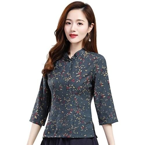 Shanghai Story Linen 3/4 Sleeve Chinese Blouse Traditional Top Qipao Shirt for Women