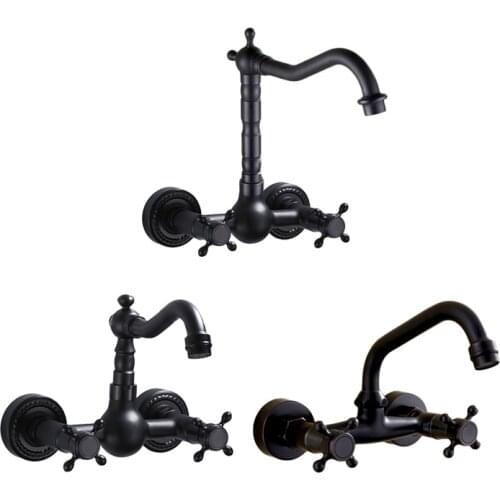 Wall Mount Bathroom Basin Faucet Antique Brass Paint Black Sink Bathtub Tap 360 Swivel Dual Handle Kitchen Tap Cold and Hot Tap