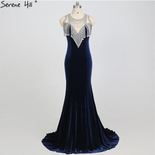New Long Arabic Royal Blue Mermaid Formal Evening Party Prom Gown Dress Tassel Gowns Dresses Vestido De Festa 2020 BLA6353