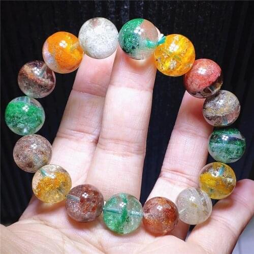 Genuine Natural Colorful Phantom Crystal Clear Round Beads Bracelet 13.5mm Crystal Garden Snow Phantom Women Men AAAAA